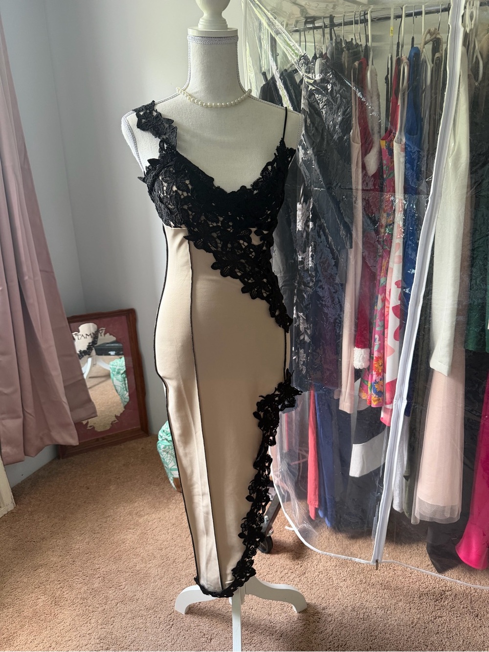 Micas asymmetrical tan and black dress